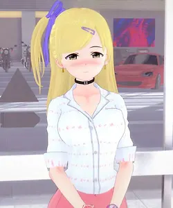 ブロンドの髪に紫のリボン